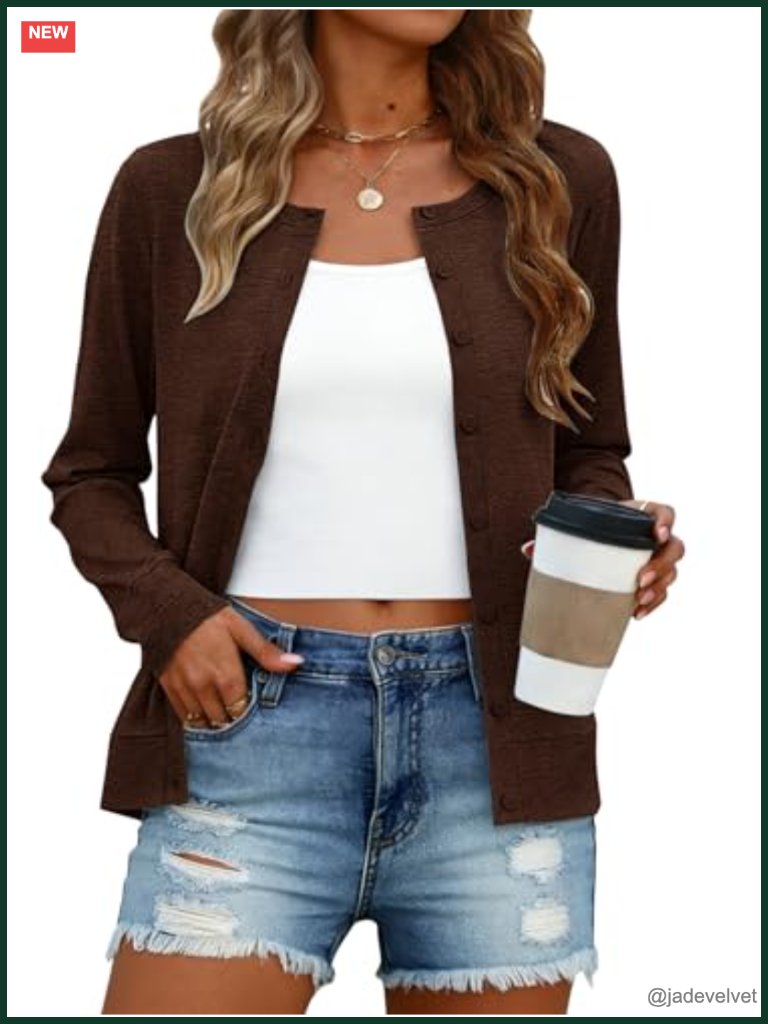 Women's Lightweight Long Sleeve Button Down Cropped Cardigan Sweater Spring